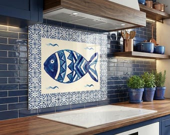 Gehärtetes Glas Backsplash für Küchenherd, hitzebeständige Splashback-Panel, mediterranes Fisch-Fliesenbild, Kochfeld-Fettschutz, Küchendekoration
