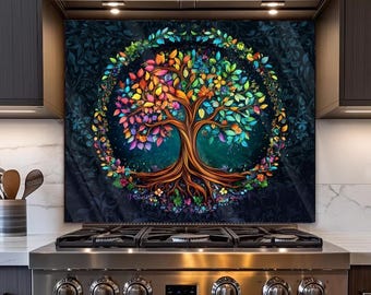 Glass Backsplash, Tree Of Life Glass Stove Back Splash, Floral Tempered Glass Kitchen Backsplash Panel, Floral Splash Back Stove Behind