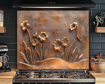 Tempered Glass Copper Wildflowers Backsplash-Wall Art for Kitchen Stove Behind, Custom Any Size Kitchen Backsplash Tile-Floral Stove Tile