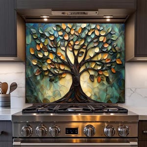Glass Backsplash, Tree Of Life Stained Glass Look One Piece backsplash for stove, Stove Backsplash,Tempered Glass Kitchen Backsplashes