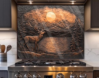 Aesthetic Backsplash for Stove Back, Woodland Deer 3D Look Kitchen Splashback, Temepered Glass Backsplashes, Glass Backsplash for Kitchen