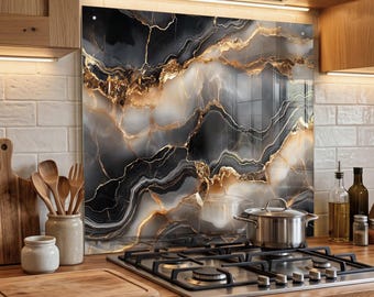 Tempered Glass Backsplash Luxury Marble Print-16K, Custom Your Size Black Marble Gold Veins Backsplash Behind Stove Easy Clean Surface
