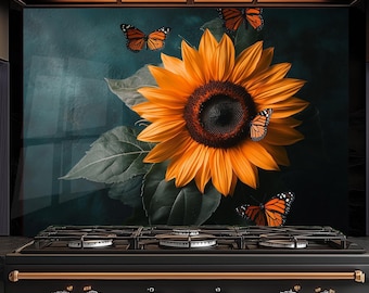 Kitchen Wall Art Backsplash-Sunflower with Butterfly Stove Backsplash, Sunflowers Oven Splashback Tempered Glass Backsplash for Stove Behind