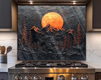 Glass Stove Backsplash, Mountain Ranges with Sunset Black Splashback for Stove Back - Dark Copper Look Glass Backsplash for Kitchen Wall