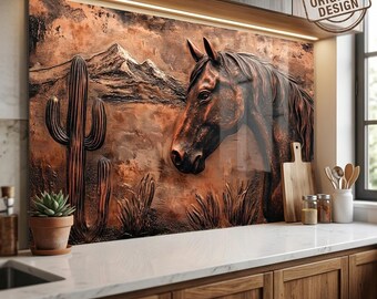 Horse Backsplash-Copper Relief Look Adorable Glass Backsplash for Kitchen Wall Decor, Western Style Backsplash, Country Kitchen Backsplash