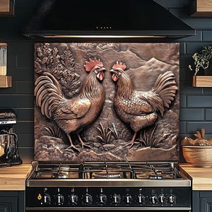 Rooster & Chicken Backsplash, Farmhouse Style Kitchen Backsplash, Tempered Glass Backsplash for Country Kitchen, Bathroom or Fireplace