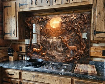 Glass Backsplash - Deer Family in Forest, Waterfall Landscape with Sunset Backsplash for Kitchen Stovetop, Deer Backsplash, Oven Backsplash