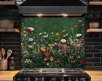 Vintage Wildflowers Backsplash Tempered Glass-Oil Painting Style, Green Backsplash Panel Floral Pattern, Kitchen Wall Art Behind Stove Tile