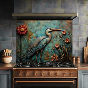 Schattige backsplash - blauwe reiger - glaskunst voor keuken, esthetische backsplash kunst aan de muur, vintage backsplash tegel vogel oven backsplash bloemen