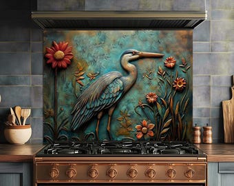 Adorable Backsplash -Blue Heron- Glass Art for Kitchen, Aesthetic Backsplash Wall Art, Vintage Backsplash Tile Bird  Oven Backsplash Floral