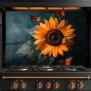 Kitchen Wall Art Backsplash-Sunflower with Butterfly Stove Backsplash, Sunflowers Oven Splashback Tempered Glass Backsplash for Stove Behind