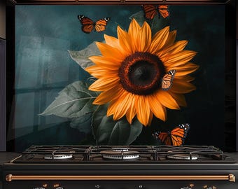 Kitchen Wall Art Backsplash-Sunflower with Butterfly Stove Backsplash, Sunflowers Oven Splashback Tempered Glass Backsplash for Stove Behind