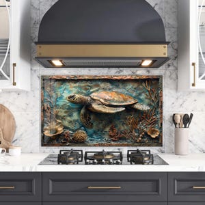 May include: A decorative kitchen backsplash featuring a detailed relief of a sea turtle swimming among coral and aquatic plants. The artwork has a textured appearance with shades of brown, green, and blue, creating a realistic underwater scene.
