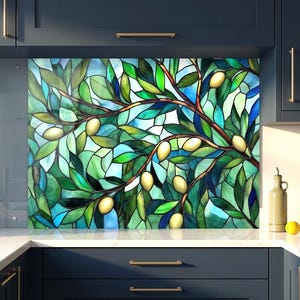 Gehärtetes Glas Backsplash Küche - Glasmalerei im Olivenbaum-Stil - hitzebeständiger Herdschutz - leicht zu reinigende flache Sicherheitsglasscheibe
