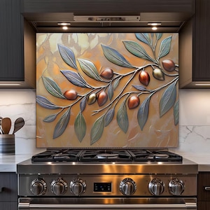 Oven Backsplash, Olive Tree Branches with Leaves Copper Look Tempered Glass Kitchen Backsplashes, Floral Stove Back Splash,Rustic Backsplash
