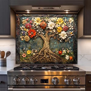 Glass Backsplash, Tree Of Life Glass Stove Back Splash, Floral Tempered Glass Kitchen Backsplash Panel, Flowers Splash Back Kitchen