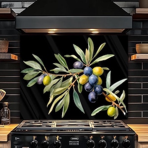 Olive Tree Branch with Leaves Kitchen Backsplash, Minimalist Backsplash for Stove, Black Backsplash Tile, Floral Backsplash Wall Art