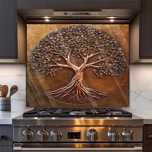 Tempered Glass Backsplash-Tree Of Life, Copper Look Back Splash for Stove Behind, Tree of Life Splashback, Kitchen Backsplashes