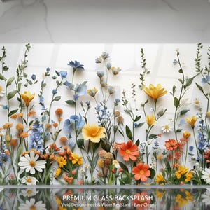 Glass Backsplash Wildflowers, Floral Splashback, Wildflowers oven back splash for kitchen,Stove Back Splash Floral,Tempered Glass Backsplash