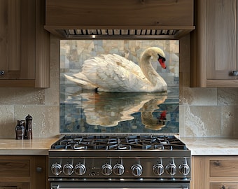 Mosaic Swan Tempered Glass Backsplash, Kitchen Splashback Behind Stove, Stove Splash Guard, Chopping Board, Classic Wall Art, Shatterproof
