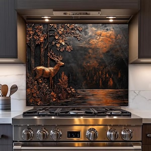 Vintage Kupfer Style Woodland Deer Print Backsplash für Herd, Ästhetischer Hirsch Splashback, gehärtetes Glas, Hirsch Backsplash Wandbild für Küche