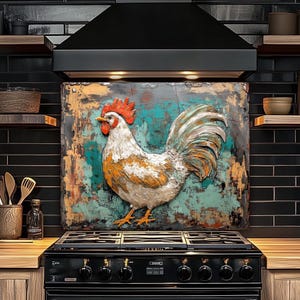 Backsplash-Vintage Oil Painting Look Glass Art for Kitchen Stove Behind Wall, Chicken Backsplash, Tempered Glass Kitchen Backsplashes