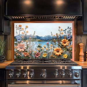 Schattige keuken backsplash muurkunst, wilde bloemen backsplash, gehard glas bloemen backsplash, landschap kachel achter spatpaneel