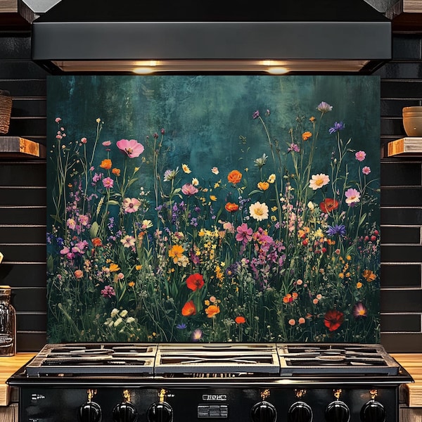vintage fleurs sauvages dosseret, art mural de cuisine en verre trempé 4 mm, panneau de dosseret de cuisinière, dosseret de four, adorable dosseret floral