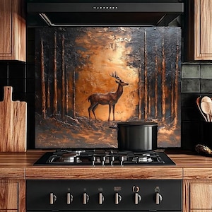 Backsplash-Woodland Deer Copper Look Bacsplash Mural, Stove Range Backsplash, Lighthouse Backsplash, Tempered Glass Whimsical Backsplashes