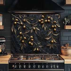 Olive Branches with Leaves Kitchen Backsplash, Olive Tree Stove Backsplash, Kitchen Wall Art for Stove Behind, Black Backsplash Wall Art
