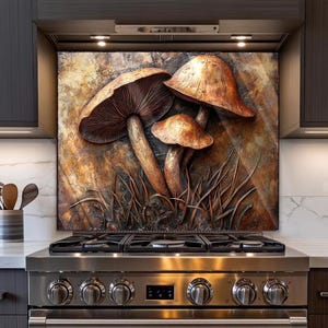Kitchen Backsplash-Mushroom Copper Style print backsplash for stove, Extra Large Backsplash, Stove Backsplash, Tempered Glass Backsplash