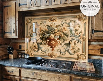 Italian Renaissance Floral Vintage Tempered Glass Backsplash Behind Stove, Easy Multi-Mount Kitchen Splashback Panel, Vintage Kitchen Decor