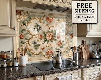 Italian Renaissance Floral Vintage Tempered Glass Backsplash Behind Stove, Easy Multi-Mount Kitchen Splashback Panel, Beige Backsplash for