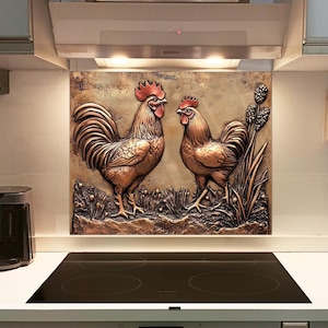Chicken & Rooster Backsplash, Tempered Glass Backsplash for Country Kitchen, Bathroom or Fireplace,Copper Look Kitchen Stove Behind Wall Art