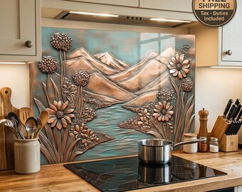 Backsplash-Copper Look Splashback, Tempered Glass Backsplash,  Floral Backsplashes Kitchen- Oven Backsplash, - Wildflowers Stove Back Splash