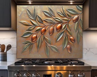 Olive Tree Backsplash, Copper Style Tempered Glass Kitchen Backsplashes, Floral Stove Back Splash, Rustic Backsplash, Olive Leaves Wall Art