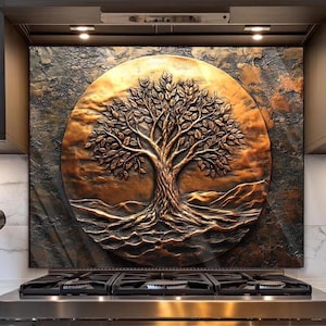 Backsplash-Tree of Life & Sunset Glass Art for Kitchen Wall Kitchen Splashback for Stove Back - Copper Look print Kitchen Backsplash