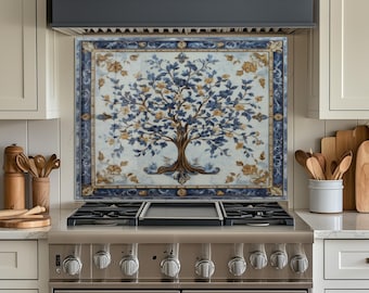 Blue Gold Tree of Life Tempered Glass Backsplash, Kitchen Splashback Behind Stove, Stove Backsplash, Wall Panel, Heat Resistant