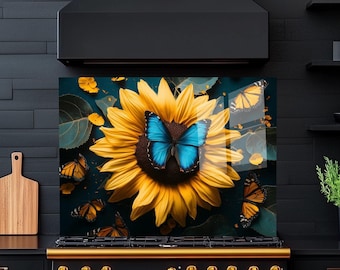 Kitchen Wall Art Backsplash-Sunflower with Butterfly Stove Backsplash, Tempered Glass Backsplash for Stove Behind,Sunflowers Oven Splashback