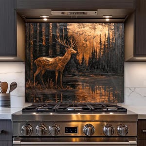 Adorable Deer Backsplash for Stove Back, Vintage Copper Style Woodland Deer Print Splashback, Tempered Glass Stove Backsplash for Kitchen