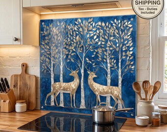 Deers in Forest Tempered Glass Backsplash, Kitchen Splashback Behind Stove, Stove Back Cover, Easy Multi Mount Backsplash for Stove