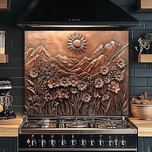 Wildflowers Backsplash-Copper Look Mountain Ranges with Sun Kitchen Backsplash, Floral Stove Backsplash, Kitchen Wall Art for Stove Behind