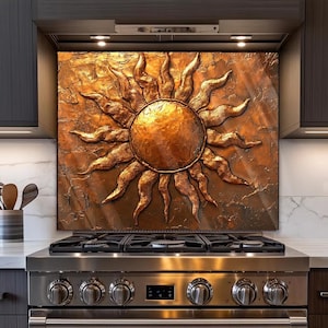 Backsplash - Ancient Sun 3D Effect Glass Kitchen Backsplash, Copper Look Tempered Glass Stove Back, Kitchen Splash Back Behind  Stove
