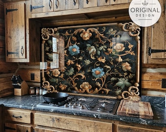 Italian Renaissance Floral  Black Tempered Glass Backsplash Behind Stove, Easy Multi-Mount Kitchen Splashback Panel, Vintage Kitchen Decor