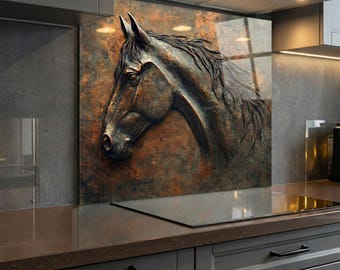 Bronze Horse Glass Backsplash, Rustic Stove Splashback, 3D Relief Effect Wall Art, Heat Resistant Cooker Panel, Farmhouse Kitchen Decor