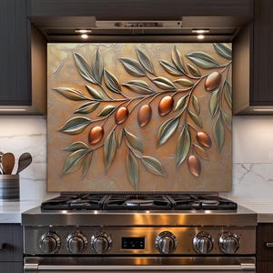 Olive Tree Backsplash, Copper Style Tempered Glass Kitchen Backsplashes, Floral Stove Back Splash, Rustic Backsplash, Olive Leaves Wall Art