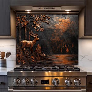 Vintage Copper Style Woodland Deer Print Backsplash for Stove,  Aesthetic Deer Splashback, Tempered Glass, Deer Backsplash Mural for Kitchen