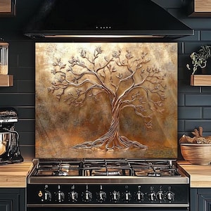 Minimalist Backsplash - Antique Gold Artwork Tree Of Life Graphic Backsplash, Tempered Glass Kitchen Backsplash Tile, Tree Backsplash Tiles