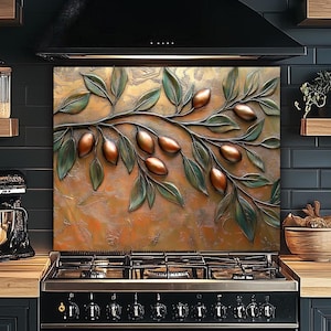 Olive Tree Branches with Leaves Oven Backsplash Copper Look Tempered Glass Kitchen Backsplashes, Floral Stove Back Splash, Rustic Backsplash
