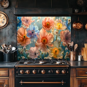Floral Tempered Glass Splashback- Kitchen Backsplash, Wildflowers Stove Backsplash, Sink Backsplash, Stovetop Backsplash, Stove Back Cover